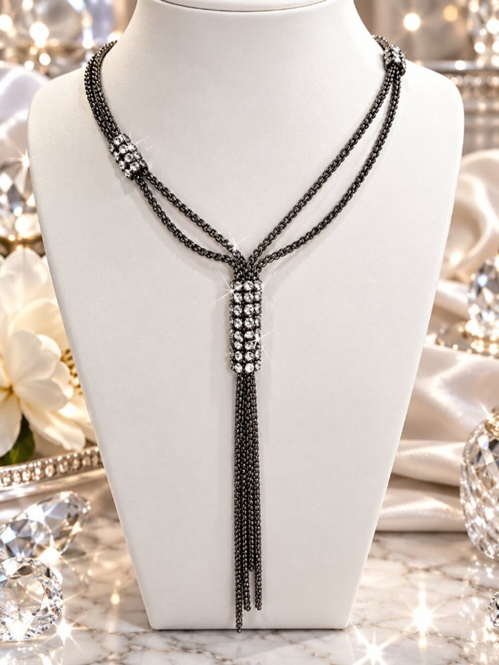 Glamorous Gunmetal Tone Crystal Lariat Tassel Necklace – Statement Jewelry